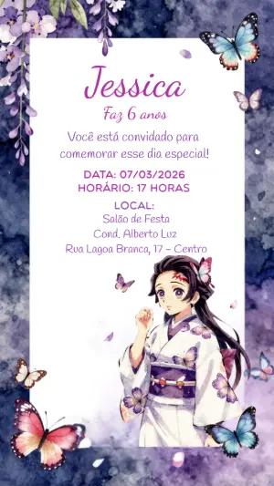 Convite de Aniversário Anime Borboletas Lilás Editável
