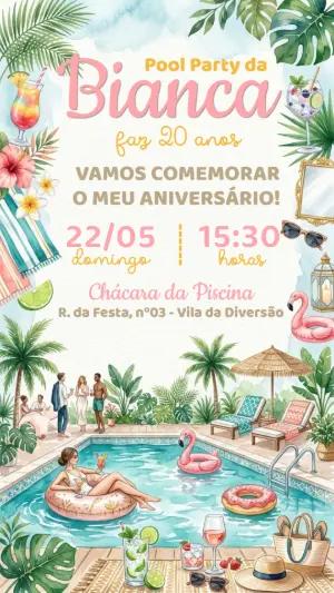 Convite de Aniversário Pool Party Tropical Aquarela Editável