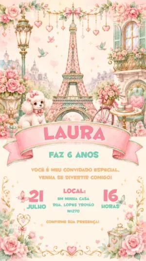 Convite de Aniversário Paris Rosa Aquarela Editável