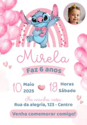 Convite Aniversário Stitch Rosa com Foto para Editar Online