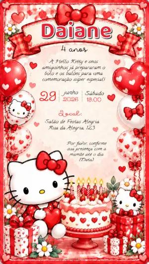 Convite de Aniversário Hello Kitty Vermelho para Editar
