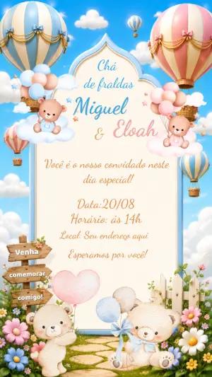 Convite Chá de Bebê Balão Rosa e Azul Editável