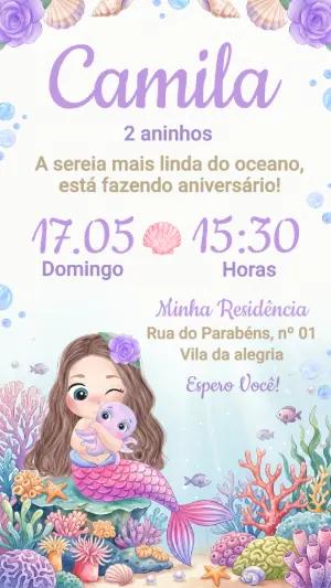 Convite de Aniversário Sereia Fundo do Mar Editável