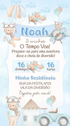 Convite de Aniversário Ursinho Aviador em Aquarela para Editar
