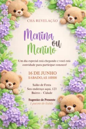 Convite Chá Revelação Ursinhos Lilás 3D Modelo Editável
