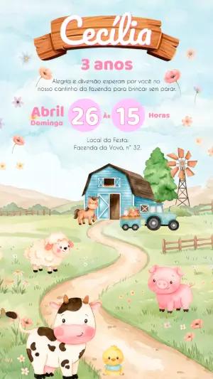 Convite de Aniversário Fazendinha Menina Aquarela Editável