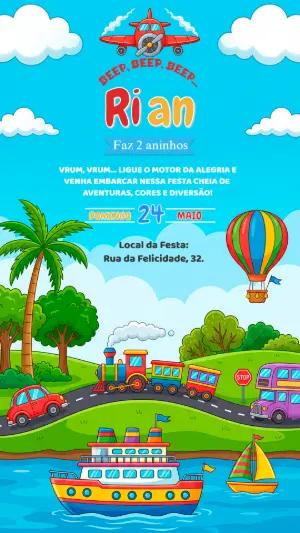 Convite de Aniversário Infantil Transportes Colorido Editável