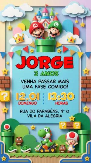 Convite de Aniversário Super Mario Modelo Editável