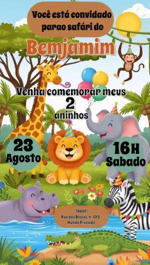 Convite de Aniversário Safari com Animais para Editar Online