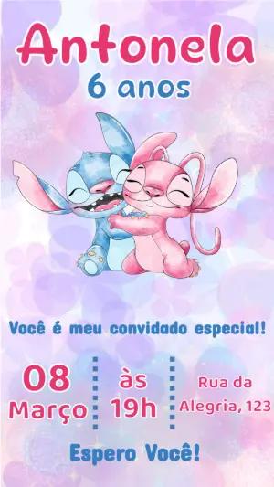 Convite Digital Aniversário Infantil Stitch e Angel Editável