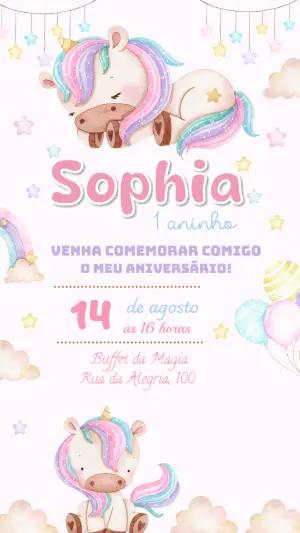 Convite de Aniversário Unicórnio Fofo para Editar Online