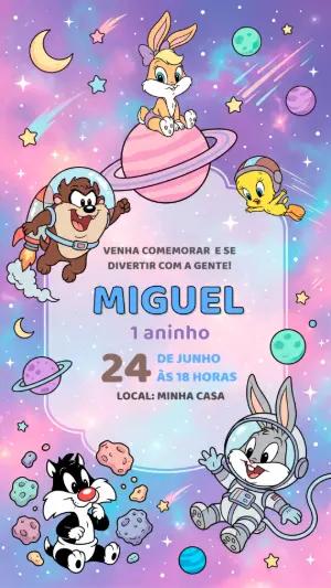Convite de Aniversário Baby Looney Tunes no Espaço Editável