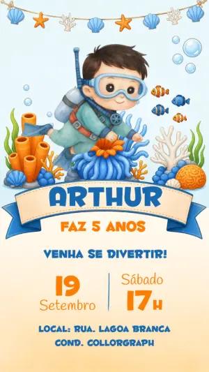 Convite de Aniversário Mergulhador Fundo do Mar Editável
