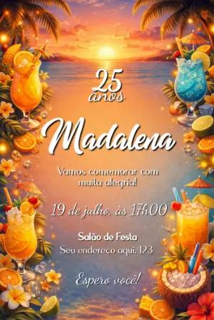 Convite de Aniversário Tropical na Praia para Editar Online