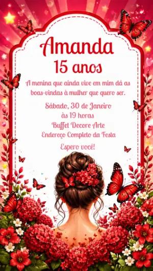 Convite 15 Anos Vermelho com Borboletas para Editar