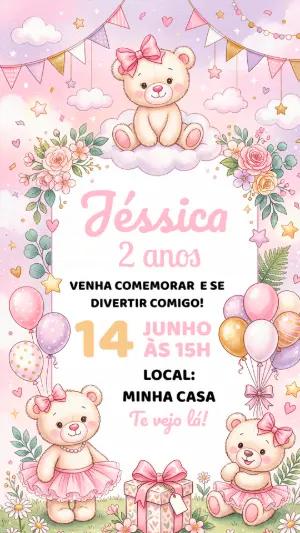 Convite de Aniversário Ursinha Rosa Aquarela para Editar