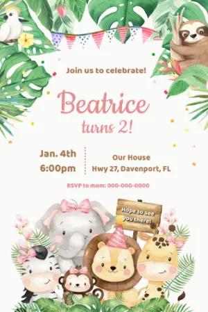 Pink Safari Birthday Invitation for Girl | Editable Template