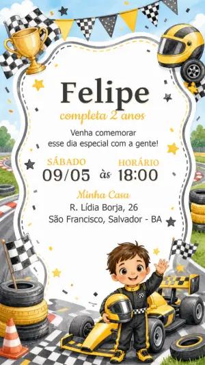 Convite Digital Aniversário Infantil Tema Fórmula 1 Editável