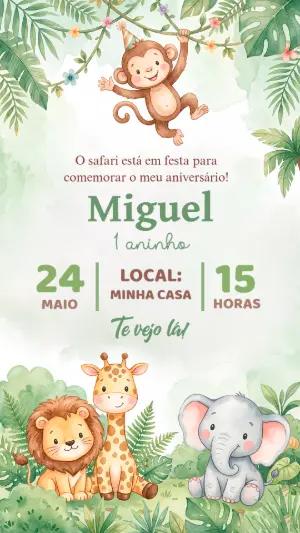 Convite de Aniversário Safari Baby Aquarela Editável
