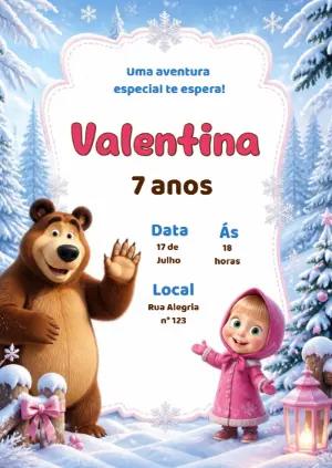 Convite de Aniversário Masha e o Urso Inverno Editável