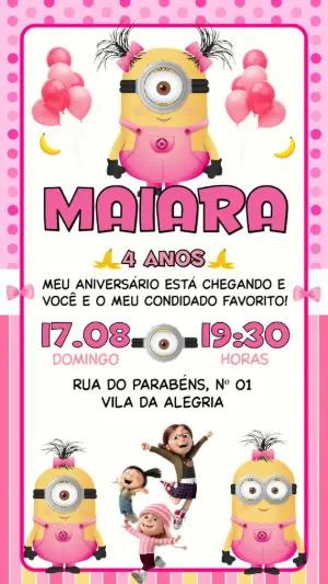 Convite de Aniversário Minions Rosa para Editar Online