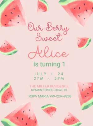 Editable Watermelon 'Berry Sweet' Birthday Invitation