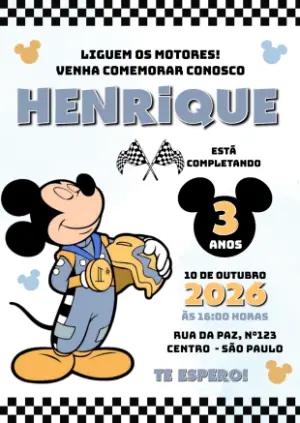 Convite Editável Aniversário Mickey Mouse Piloto de Corrida