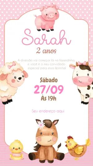 Convite Aniversário Fazendinha Rosa com Animais para Editar