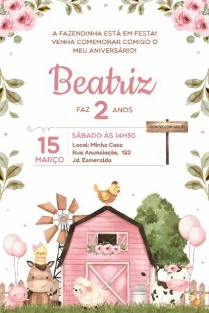 Convite de Aniversário Fazendinha Rosa Editável