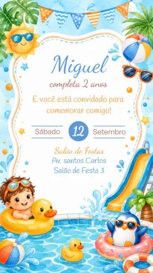 Convite Festa na Piscina Aquarela | Aniversário Infantil Editável