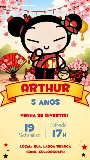 Convite Aniversário Pucca: Modelo Digital Editável