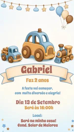 Convite Infantil Editável Aniversário Carrinhos de Madeira
