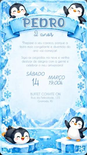 Convite de Aniversário Pinguim no Gelo Modelo Editável
