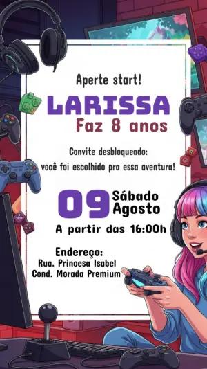 Convite de Aniversário Gamer Menina para Editar Online