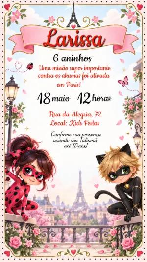 Convite de Aniversário Miraculous: Ladybug e Cat Noir Editável