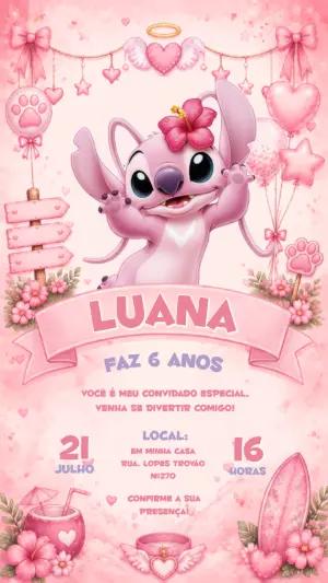 Convite Digital Aniversário Stitch Rosa e Angel Editável