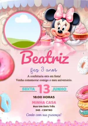 Convite de Aniversário Minnie Confeitaria Rosa com Foto para Editar