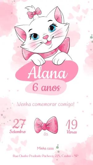 Convite de Aniversário Gatinha Marie Rosa para Editar
