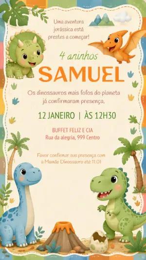 Convite de Aniversário Dinossauro Bebê Aquarela Editável