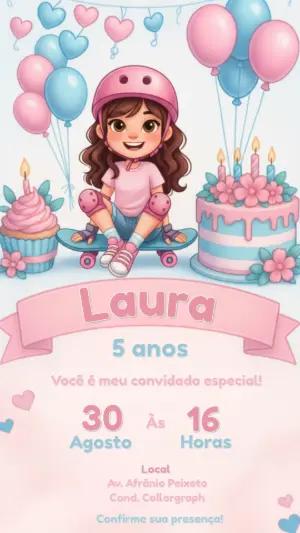 Convite de Aniversário Menina Skatista Rosa e Azul para Editar