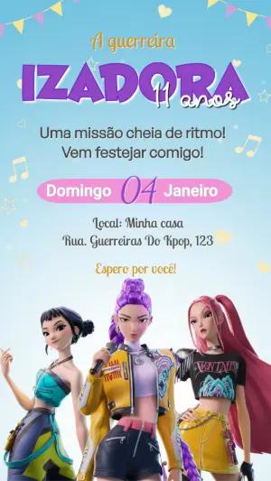 Convite de Aniversário Guerreiras do K-pop para Editar