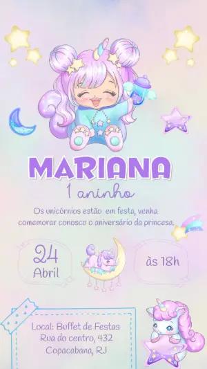 Convite Digital Aniversário Unicórnio Bebê para Editar