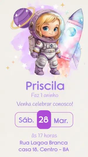 Convite Aniversário Astronauta Menina Lilás para Editar
