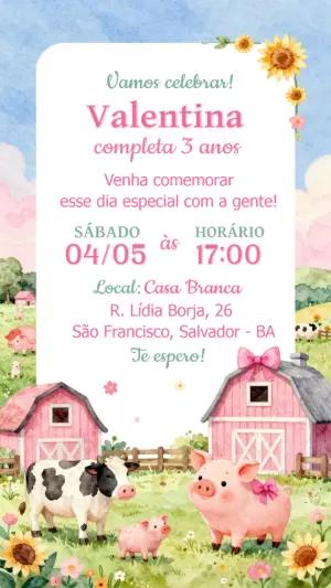 Convite de Aniversário Fazendinha Rosa Editável para Menina
