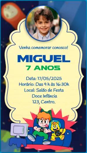 Convite Aniversário Gato Galáctico com Foto Editável Online