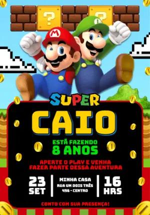 Convite de Aniversário Super Mario e Luigi para Editar