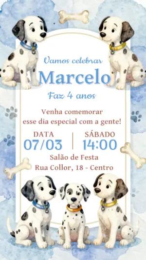 Convite de Aniversário Dálmatas Aquarela para Editar