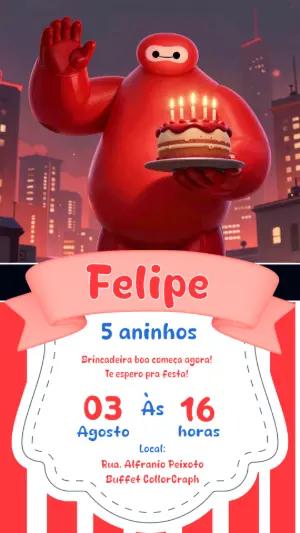 Convite de Aniversário Baymax Vermelho para Editar