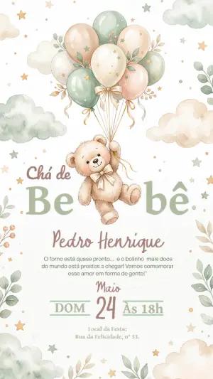 Convite Chá de Bebê Ursinho Aquarela para Editar