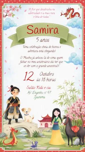 Convite de Aniversário Mulan: Modelo Digital para Editar